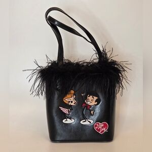 I Love Lucy Cartoon Embroidered Black Feathered Handbag